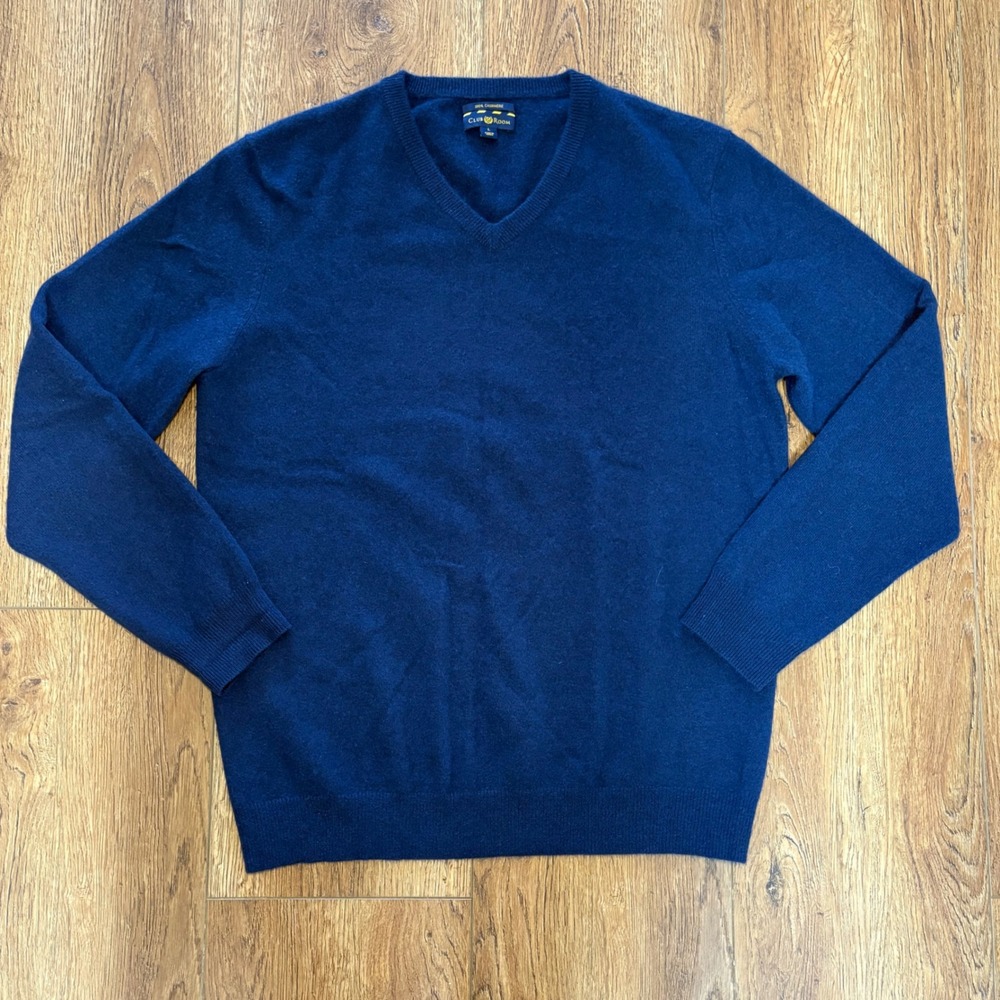 Club Room Luxury 100% Cashmere Men's L Navy Blue V-Neck Crew Pullover Sweater